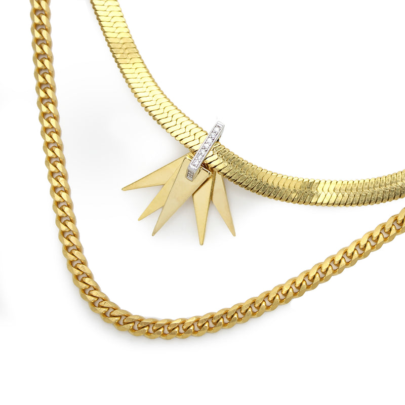 VIENTOS LAYERED NECKLACE SET which includes 2 separate chains. One is a 16 inches Stainless steel 18k gold plated snake necklace with Triangle charms & Zirconia and 20 inches gold plated chain necklace.