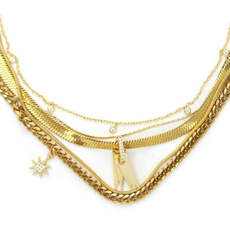 WILD LAYERED NECKLACE SET which includes 4 separate chains. One is a 16 inches Stainless steel 18k gold plated snake necklace with Triangle charms & Zirconia. 16inches Zirconia dot necklace. 17inches thin 18k gold plated necklace and an 18 inches gold chain necklace with tiny sunburst and zirconia stone charm.