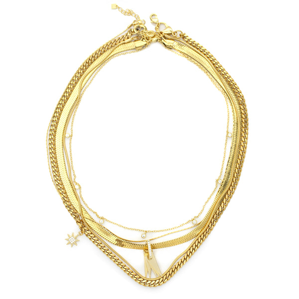 WILD LAYERED NECKLACE SET which includes 4 separate chains.  One is a 16 inches Stainless steel 18k gold plated snake necklace with Triangle charms & Zirconia. 16inches Zirconia dot necklace. 17inches thin 18k gold plated necklace and an 18 inches gold chain necklace with tiny sunburst and zirconia stone charm.
