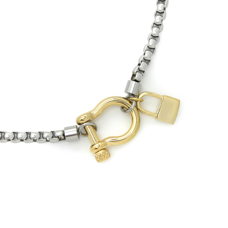 Herradura Lock Single in silver chain and gold clasp and a gold plated Brass lock pendant