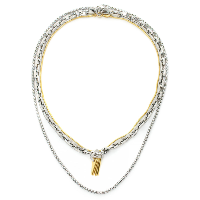 SILENCE LAYERED NECKLACE SET which comes in 3 separate chains. It includes a stainless steel puerto chain which is 17 inches in length with gold triangle charms & Zirconia, one thin gold plated necklace and another thin silver necklace that are 16 and 20 inches in length..