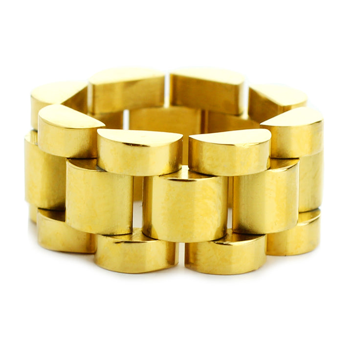 The MOVE RING in Gold which looks like a bicycle chain. It's 10mm wide and made of 18k gold plated non tarnish stainless steel. ||| GOLD
