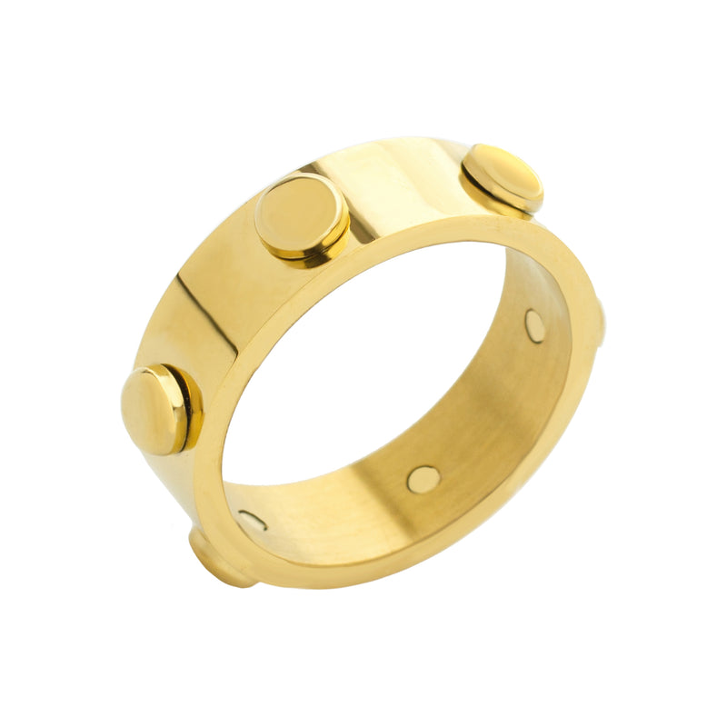 The BALLSY RING which is made of 18k Gold plated stainless steel with gold circle studs around.