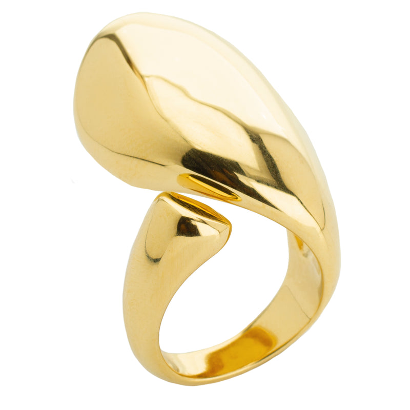 The Ardent Ring which is made of 18k gold plated brass. It is a huge round shaped ring that can be adjusted or resized.