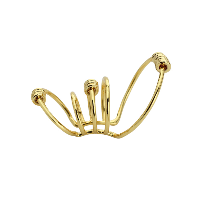 The HOOPS EAR CUFF which is made of 18K gold plated copper that looks like five thin wire hoop earrings in various sizes.