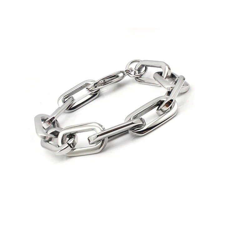 The Puerto Chain Bracelet, a silver chain bracelet with a unique elongated link design and a secure clasp closure. ||| SILVER