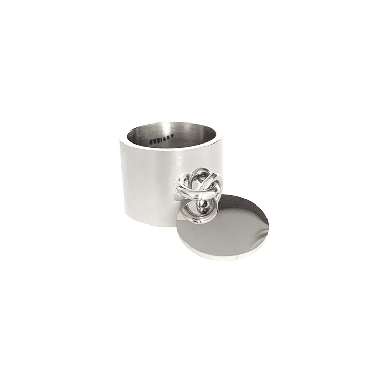Coin Ring which is 0.5" wide, made of non-tarnish stainless steel with a knob and a hanging plain coin charm .|||  SILVER
