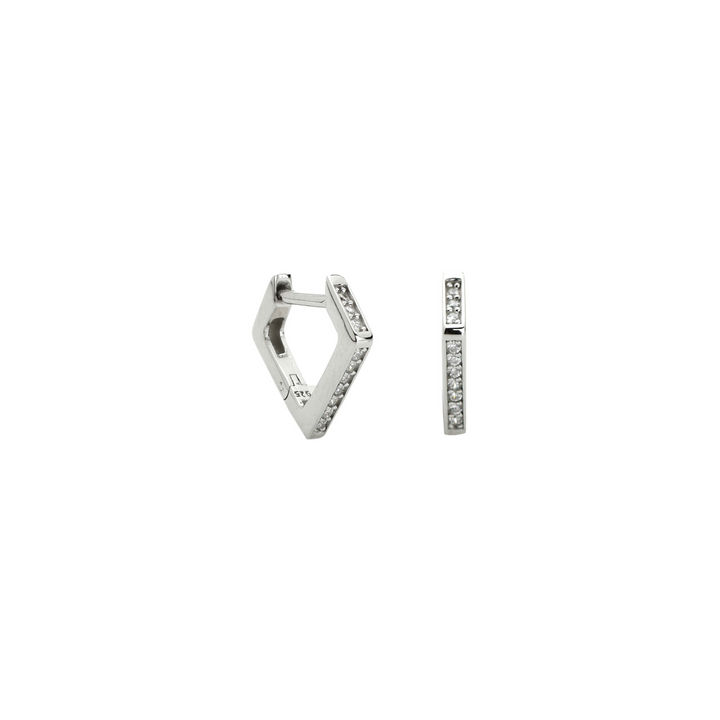 The TRIANGULO HUGGIES which is made of 925 sterling silver triangular shaped earrings covered with cubic zirconia. The width is 13.mm / 0.5in and has a drop of 11mm / 0.4in.