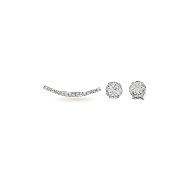 The THIS & THAT EAR SET - 2&1 HOLES made of 925 sterling silver that comes with three pieces of earrings. One earring is a long arch and a pair of Zirconia diamond Stud surrounded with encrusted zirconia.