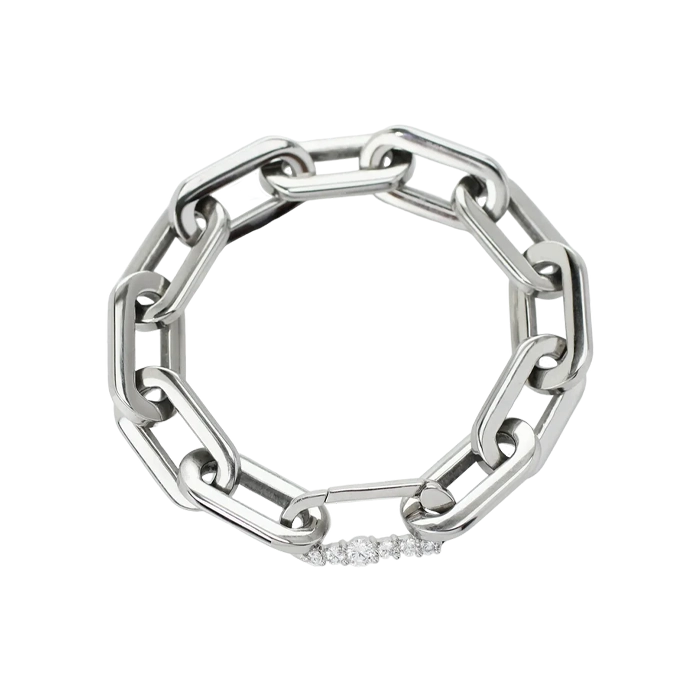 The PUERTO SHINE BRACELET made of Stainless steel link chain and a 925 sterling silver clasp with zirconia. 