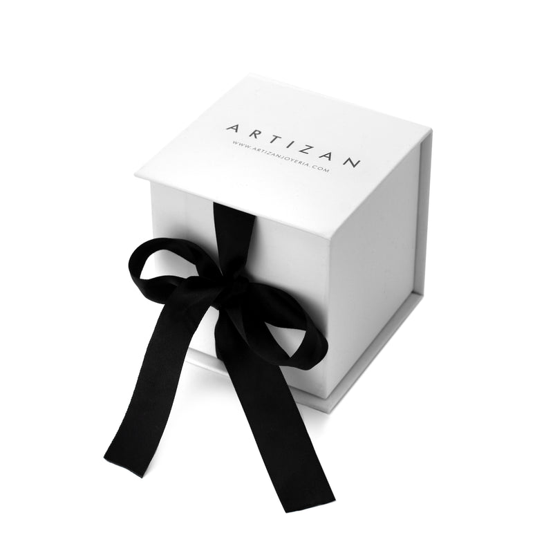 The ARTIZAN LUXURY WHITE BOX, a premium gift box featuring a sleek white design with a black satin ribbon. Perfect for packaging and presenting your exquisite jewelry pieces.