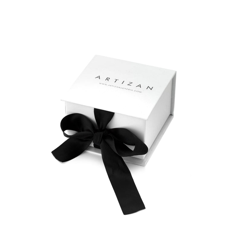 The ARTIZAN LUXURY WHITE BOX, a premium gift box featuring a sleek white design with a black satin ribbon. Perfect for packaging and presenting your exquisite jewelry pieces.