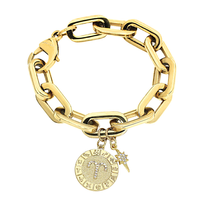 The ZODIAC PUERTO BRACELET- Aries made of 8" Hypoallergenic Gold Plated Stainless Steel chain with 20mm Gold Filled Aries Zodiac Charm with Micro Pave Constellation. ||| ARIES/GOLD