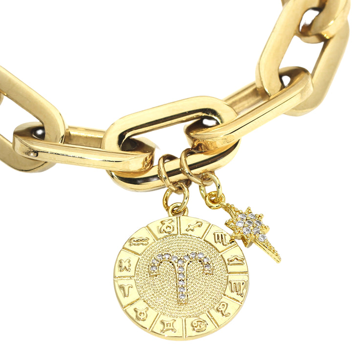 The ZODIAC PUERTO BRACELET- Aries made of 8" Hypoallergenic Gold Plated Stainless Steel chain with 20mm Gold Filled Aries Zodiac Charm with Micro Pave Constellation. ||| ARIES/GOLD