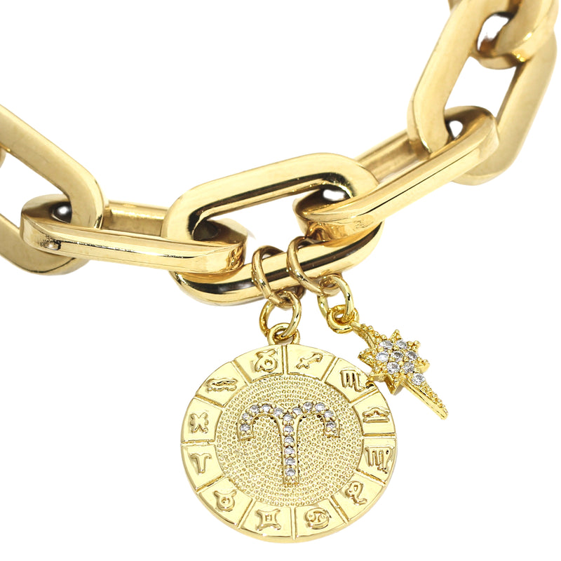 The ZODIAC PUERTO BRACELET- Aries made of 8" Hypoallergenic Gold Plated Stainless Steel chain with 20mm Gold Filled Aries Zodiac Charm with Micro Pave Constellation.