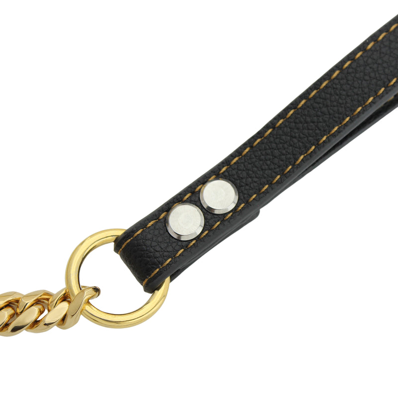 Leather handle of The STYLEASH DOG COLLAR & LEASH which is made of a 36" long Stainless steel gold plated chain.