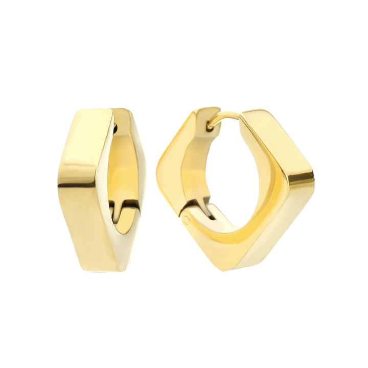 The Shape Hoop, which is a pair of modern gold hoop earrings, features a bold geometric design with sleek, polished edges. These versatile earrings add a contemporary touch to any look, perfect for elevating both casual and formal styles. ||| GOLD