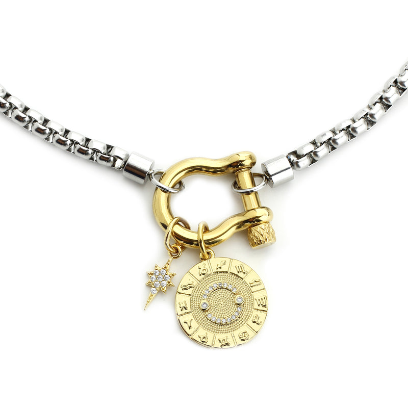 The Cancer Herradura Zodiac Necklace which is made of 18” Hypoallergenic Rhodium Plated Stainless Steel chain with 18K Gold Plated Horseshoe clasp and miniature star pendant and circular star sign micro pave Cancer constellation charm.