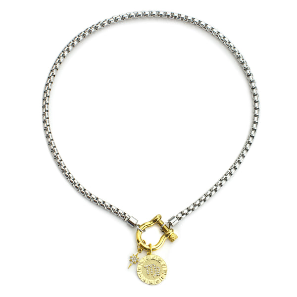 The Virgo Herradura Zodiac Necklace which is made of 18” Hypoallergenic Rhodium Plated Stainless Steel chain with 18K Gold Plated Horseshoe clasp and miniature star pendant and circular star sign micro pave Virgo constellation charm.