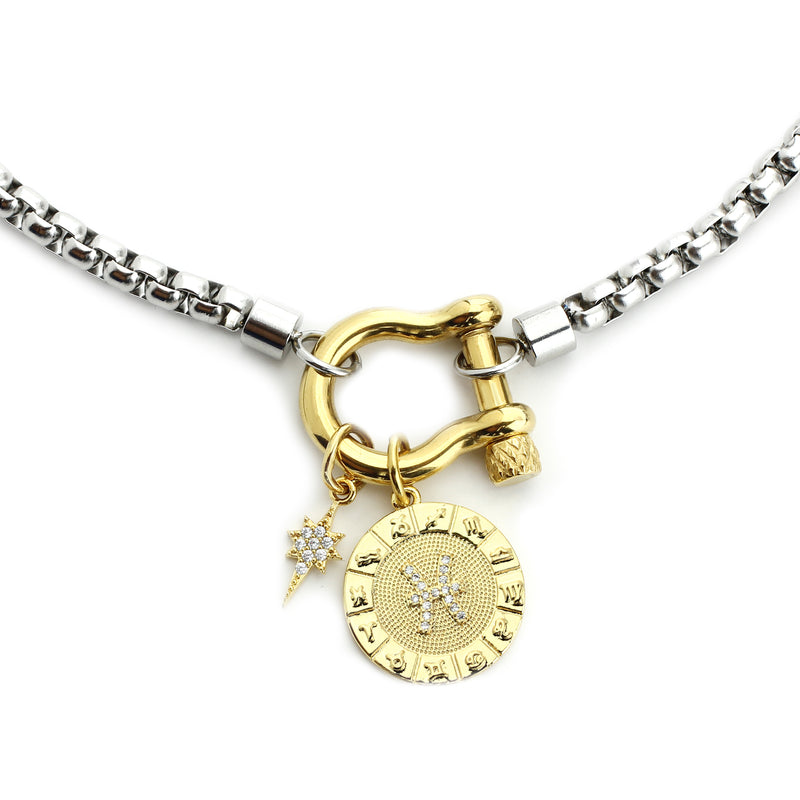 The Pisces Herradura Zodiac Necklace which is made of 18” Hypoallergenic Rhodium Plated Stainless Steel chain with 18K Gold Plated Horseshoe clasp and miniature star pendant and circular star sign micro pave Pisces constellation charm.
