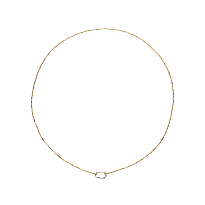 The Can Opener Mid Box Chain Necklace featuring a refined thin gold link chain design and a secure silver can opener clasp. ||| SILVER