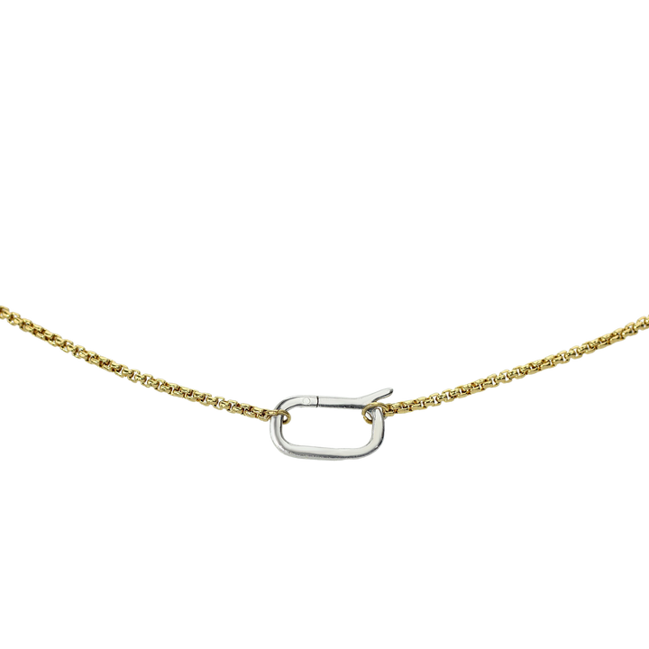 The Can Opener Mid Box Chain Necklace featuring a refined thin gold link chain design and a secure silver can opener clasp. ||| SILVER