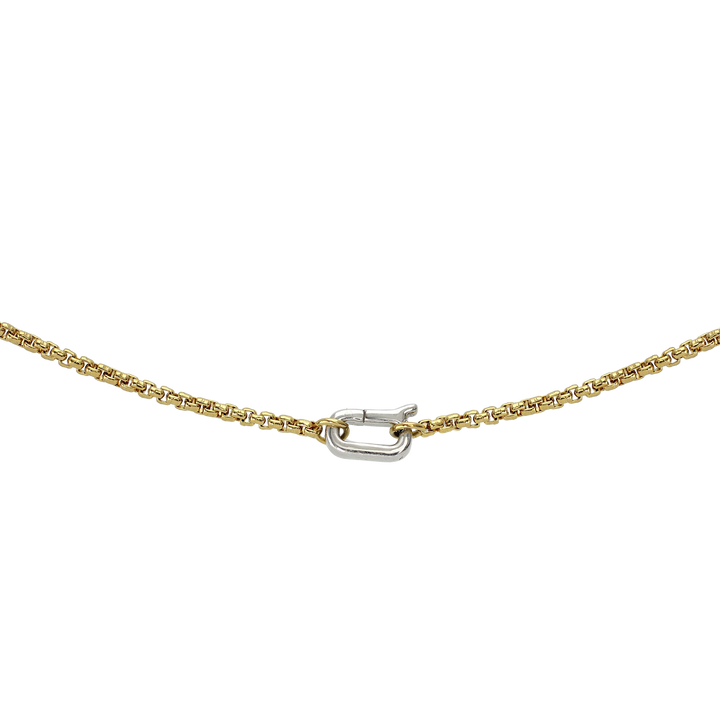 The Can Opener Mini Box Slim Chain, a delicate gold chain featuring a unique can opener-style clasp in silver. ||| SILVER
