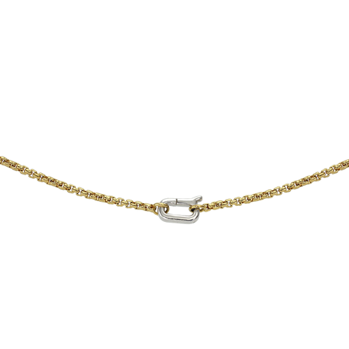 The Can Opener Mini Box Slim Chain, a delicate gold chain featuring a unique can opener-style clasp in silver.


