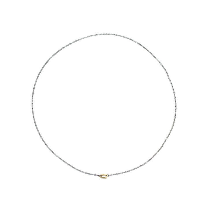The  Can Opener Mini Box Chain Necklace featuring a refined thin silver link design and a secure gold clasp. ||| GOLD