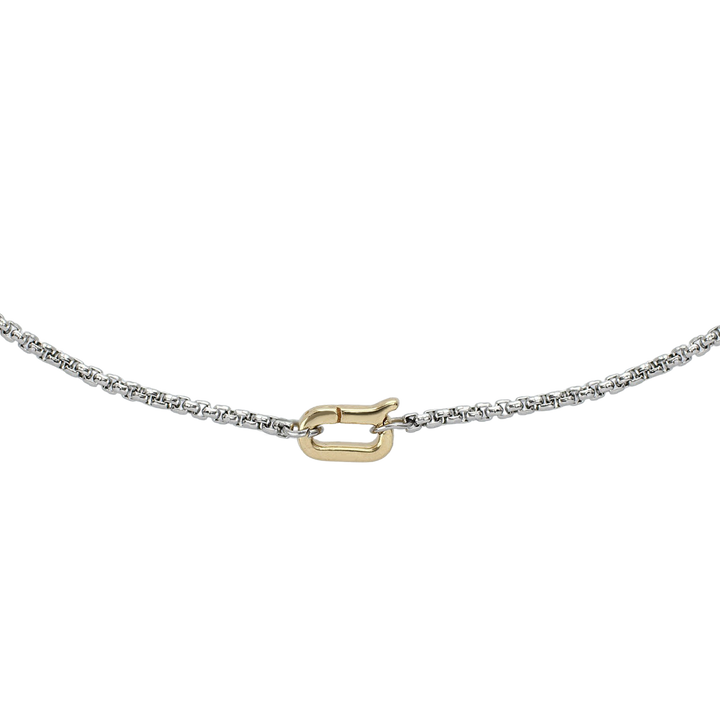 The Can Opener Mini Box Slim Chain, a delicate silver chain featuring a unique gold clasp. ||| GOLD


