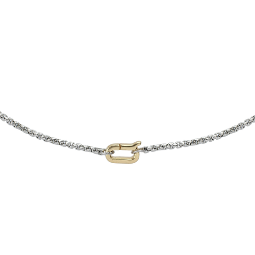 The Can Opener Mini Box Slim Chain, a delicate silver chain featuring a unique gold clasp.

