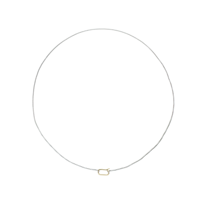 The Can Opener Mid Box Chain Necklace featuring a refined thin silver link chain design and a secure gold can opener clasp. ||| GOLD
