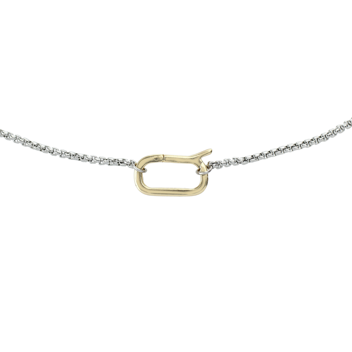 The Can Opener Mid Box Chain Necklace featuring a refined thin silver link chain design and a secure gold can opener clasp. ||| GOLD