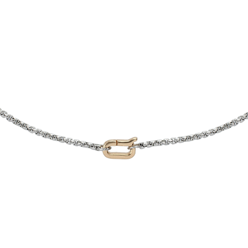 The Can Opener Mini Box Slim Chain, a delicate silver chain with a unique gold can opener clasp.


