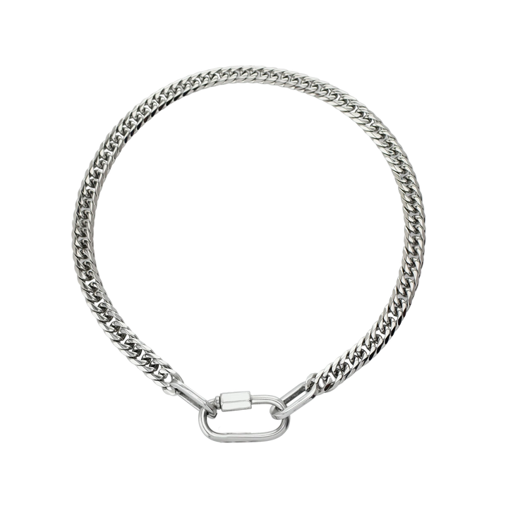 Anne Necklace - A silver-tone Cuban chain necklace with a sleek silver carabiner clasp. ||| Silver