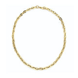 The PUERTO CHAIN SMALL, which is a single gold chain necklace, features a delicate yet bold design crafted with closely linked, polished gold segments. This versatile piece offers a timeless and minimalist aesthetic, perfect for layering or wearing as a standalone statement.