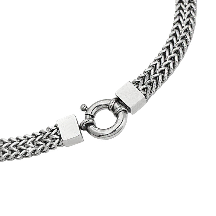 The MARINERO CHAIN which is a stainless steel, 17 inches and 0.39" wide choker necklace that has a braided chain design. ||| SILVER