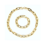 The PUERTO GOLD SET, which is a gold two-piece jewelry set, features a bold link chain necklace and a matching chunky bracelet. This luxurious gold-finished set offers a timeless and versatile design, perfect for elevating everyday outfits or complementing formal attire.
