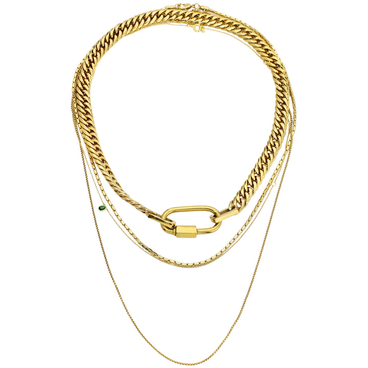 The ANNE GOLD NECKLACE SET which includes 4 separate layered chains. The shortest is the Anne Necklace made of chunky 18k gold plated stainless steel chain with carabiner clasp followed with two thin necklaces that are 20" and 24" in length and a necklace with 925 Sterling Silver Gold plated emerald drop dainty charm.