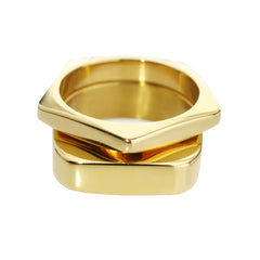 The SHAPE STACK RING which includes 2 18k Gold plated rings. One is the Rhombus ring with the shape of pentagon and the other is the RECTANGLE RING.