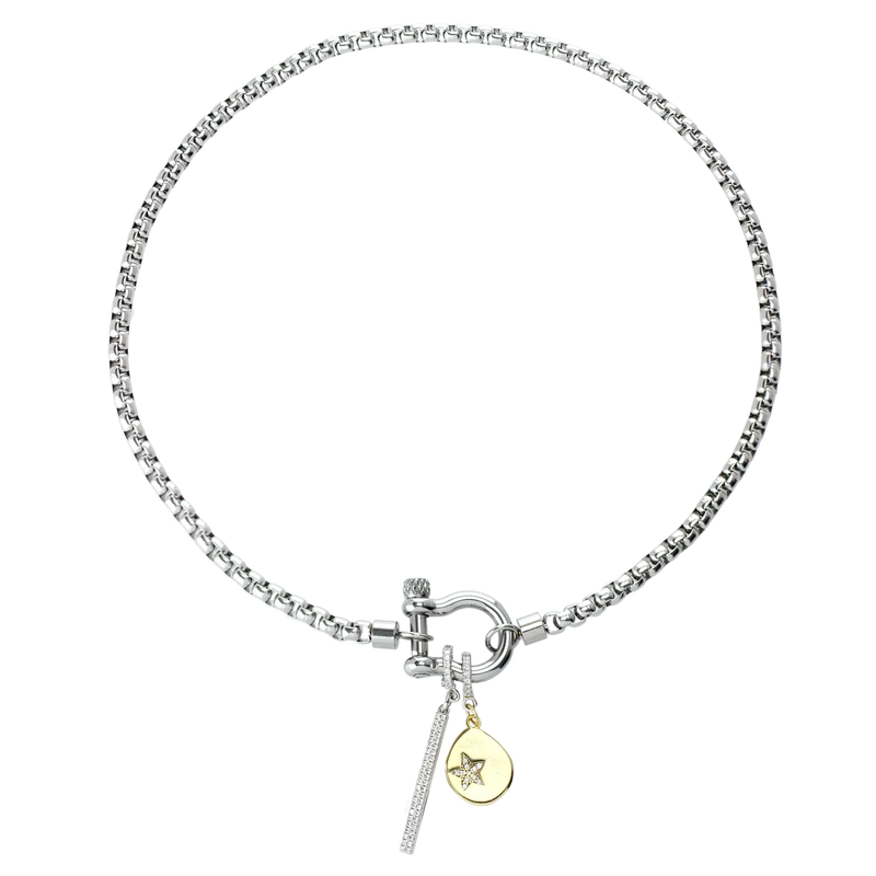 Silver Herradura Necklace with the Stainless steel chain with the DROP STAR CLIP ON CHARM and the "Bar Clip on Charm" with Pave clip on Stainless steel bar charm that is 42mm in length.