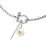 Silver Herradura Necklace with the Stainless steel chain with the DROP STAR CLIP ON CHARM and the "Bar Clip on Charm" with Pave clip on Stainless steel bar charm that is 42mm in length.