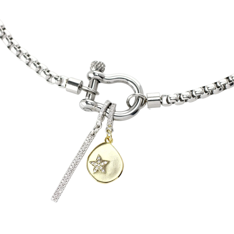 Silver Herradura Necklace with the Stainless steel chain with the DROP STAR CLIP ON CHARM and the "Bar Clip on Charm" with Pave clip on Stainless steel bar charm that is 42mm in length.