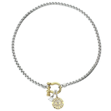 The Herradura Mix Necklace in silver chain and gold herradura clasp with the EVIL EYE 2 BOLT CLIP ON CHARM which is made of Pave Clip on Stainless steel 18k gold plated Zirconia Evil Eye and also the Solitaire Clip on Charm. 