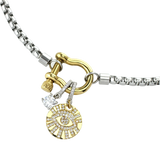 Herradura Mix Necklace chain with The SOLITAIRE CLIP ON CHARM which is made of Pave clip on Stainless steel solitaire charm that is 20mm in length and the evil eye charm.