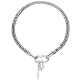 The Anne Silver Necklace with sterling silver carabiner with The SOLITAIRE CLIP ON CHARM which is made of Pave clip on Stainless steel solitaire charm that is 20mm in length. It also comes with the Bar Link charm and the DOT CLIP ON CHARM. 