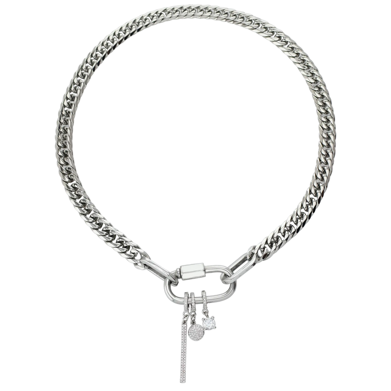Anna Silver Necklace with sterling silver carabiner that has three hung charms, the  DOT CLIP ON CHARM and the "Bar Clip on Charm" with Pave clip on Stainless steel bar charm that is 42mm in length and the SOLITAIRE CLIP ON CHARM. 