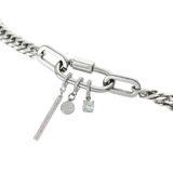 Anna Silver Necklace with sterling silver carabiner that has three hung charms, the DOT CLIP ON CHARM and the "Bar Clip on Charm" with Pave clip on Stainless steel bar charm that is 42mm in length and the SOLITAIRE CLIP ON CHARM.