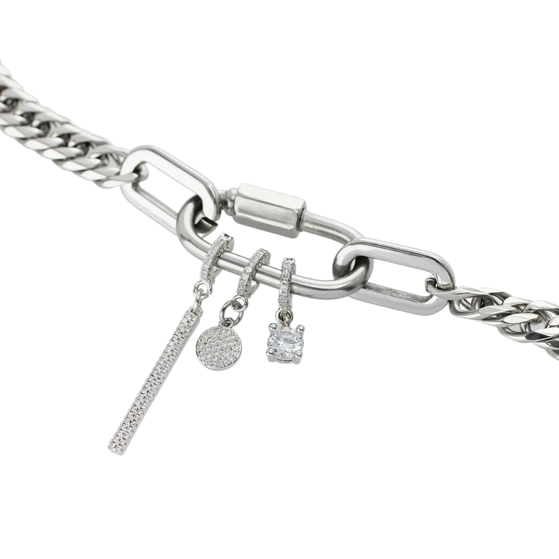 The Anne Silver Necklace with sterling silver carabiner with The SOLITAIRE CLIP ON CHARM which is made of Pave clip on Stainless steel solitaire charm that is 20mm in length. It also comes with the Bar Link charm and the DOT CLIP ON CHARM. 