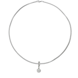 A silver necklace with the Dot Link Clip on Charm, which is a circle shaped diamond encrusted charm. ||| SILVER